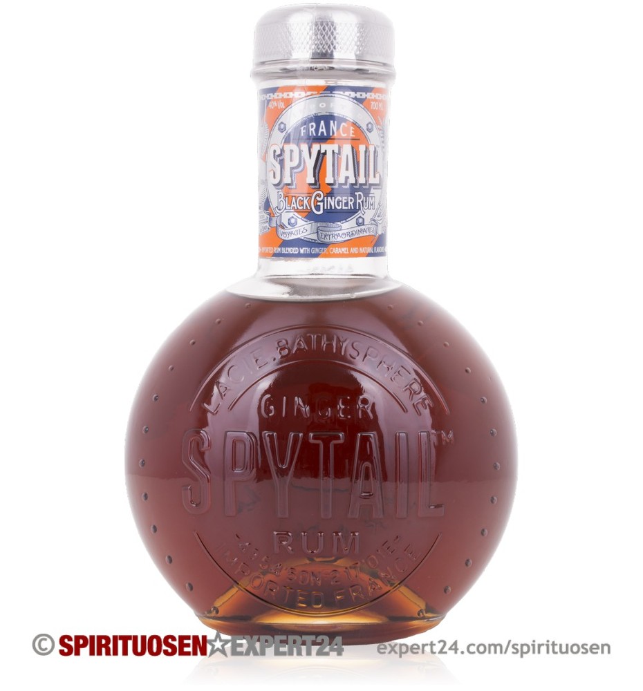 Spytail Black Ginger Rum in a round, dark amber glass bottle with a textured surface, featuring a colorful cap and label highlighting its ginger flavor.