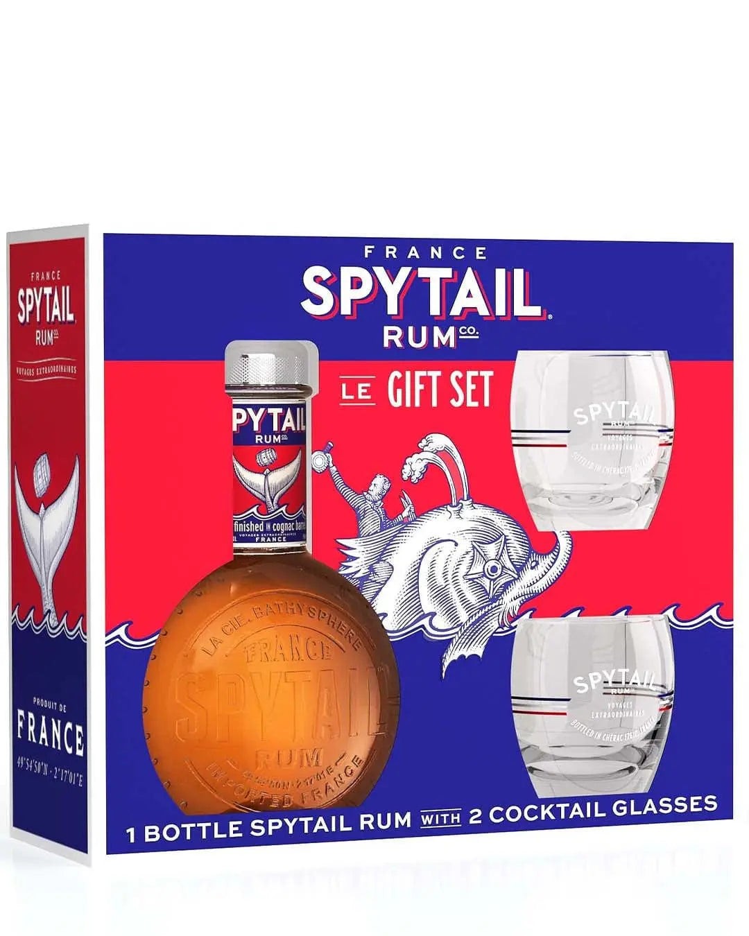 Spytail Cognac Cask Rum gift set featuring a round, orange bottle and two clear cocktail glasses, all presented in a vibrant blue and red box with a whale design.