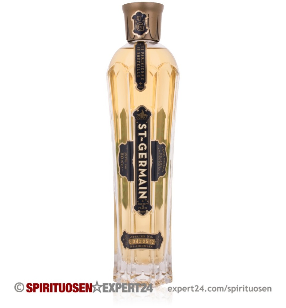 Clear glass bottle of St. Germain Elderflower Liqueur, featuring a gold cap and elegant label with black and gold accents, containing a light golden liquid.