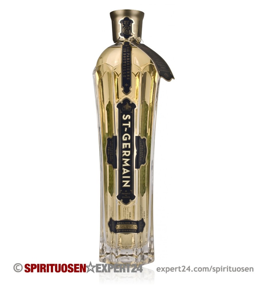 Tall, elegant glass bottle of St Germain Elderflower Liqueur with a gold and black label, featuring intricate detailing and a distinctive cap design.