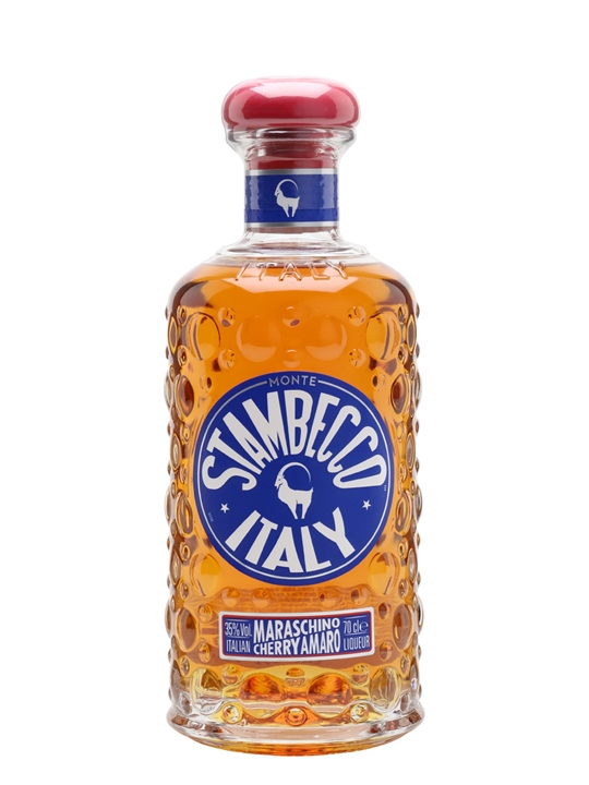 Amber-colored liqueur bottle with a textured glass design, featuring a red cap and a blue label that reads "Stambecco Italy Maraschino Cherry Amaro, 70 Cl."