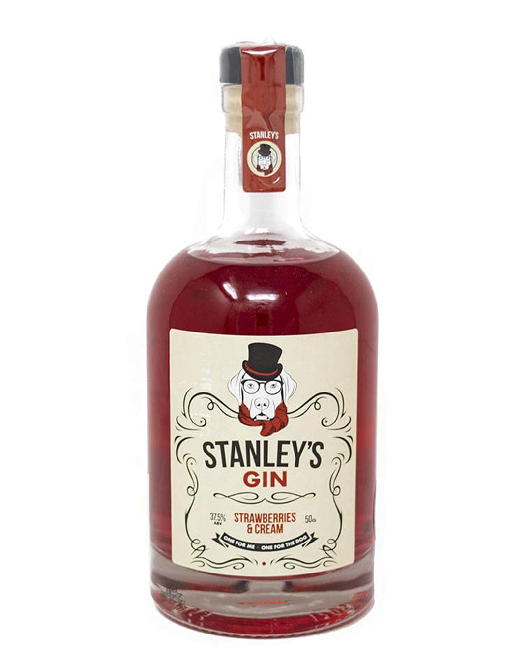 Clear glass bottle of Stanley's Gin, featuring a red liquid, a cream label with a whimsical illustration, and a black cap, labeled "Strawberries & Cream, 50 Cl."