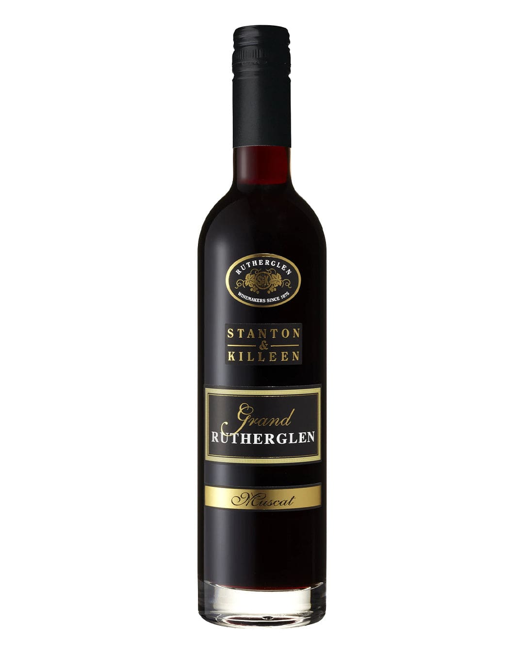A dark glass bottle of Stanton & Killeen Rutherglen Muscat, featuring a black cap, gold and black label with elegant text, and a rich amber liquid inside.