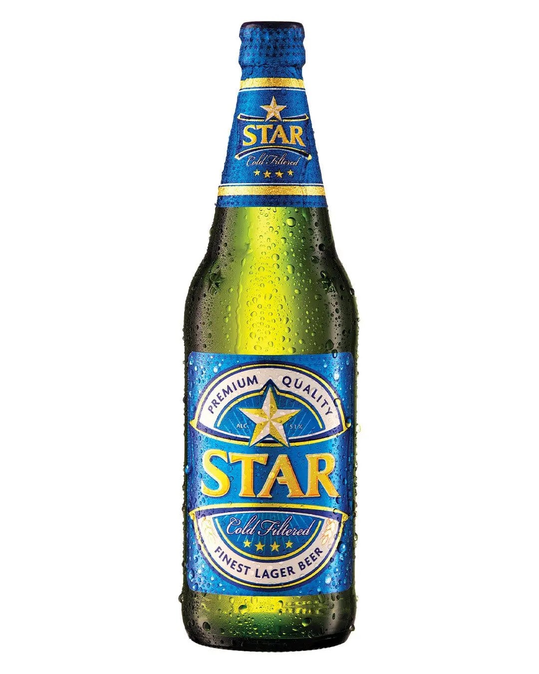 Green glass beer bottle with a blue label featuring a gold star, text "STAR" in bold, and condensation droplets, indicating a refreshing lager beer.