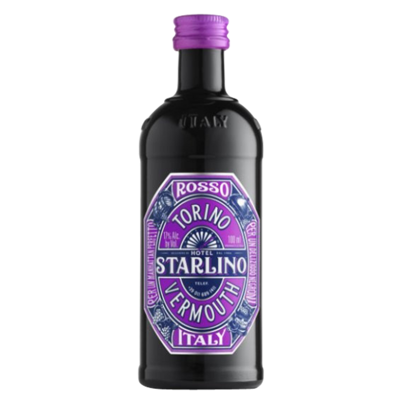 Starlino Rosso Italian Vermouth in a 10 cl dark glass bottle with a purple cap, featuring a vibrant purple and blue label with ornate designs and text.