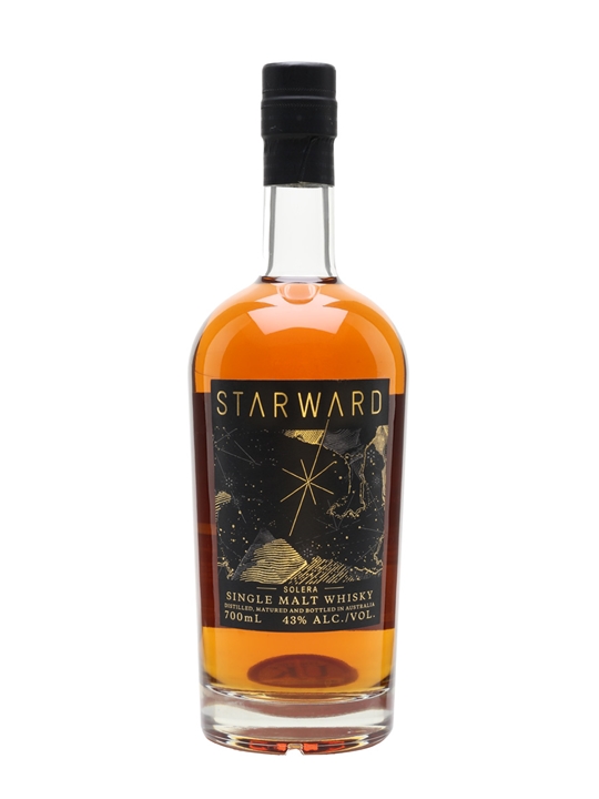 Starward Solera Australian Single Malt Whisky in a clear glass bottle, featuring a dark label with gold accents, showcasing a star design and 43% alcohol content.