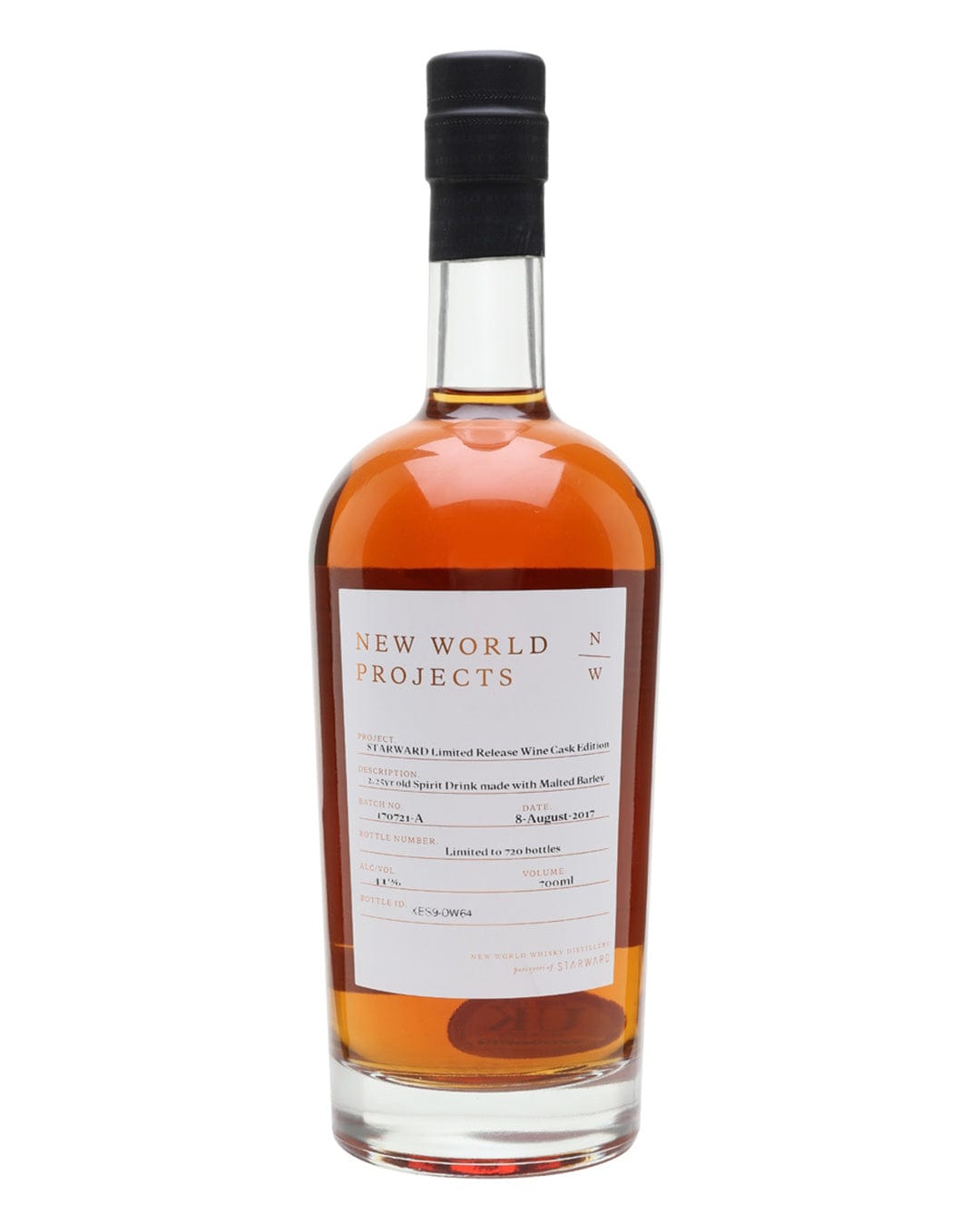 Starward Wine Cask Australian Malt Whisky in a clear glass bottle with a black cork, featuring a label with white text and a rich amber liquid inside.