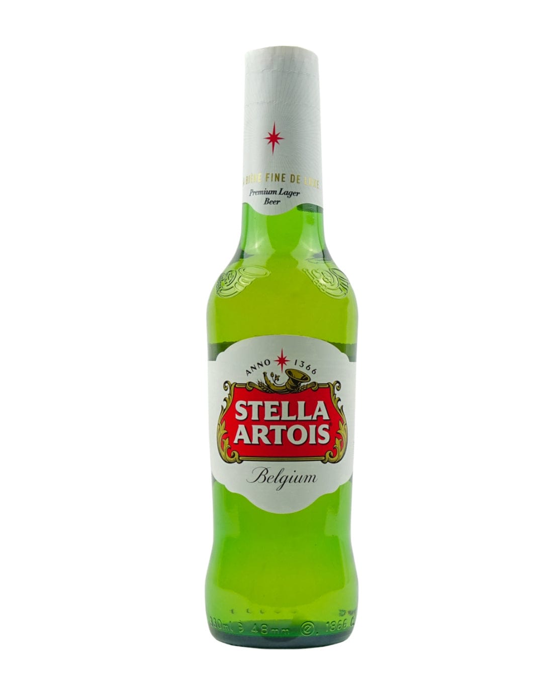 Green glass bottle of Stella Artois Premium Lager Beer, featuring a white foil cap, red and gold label with "Stella Artois" and "Belgium" text, and a star emblem.