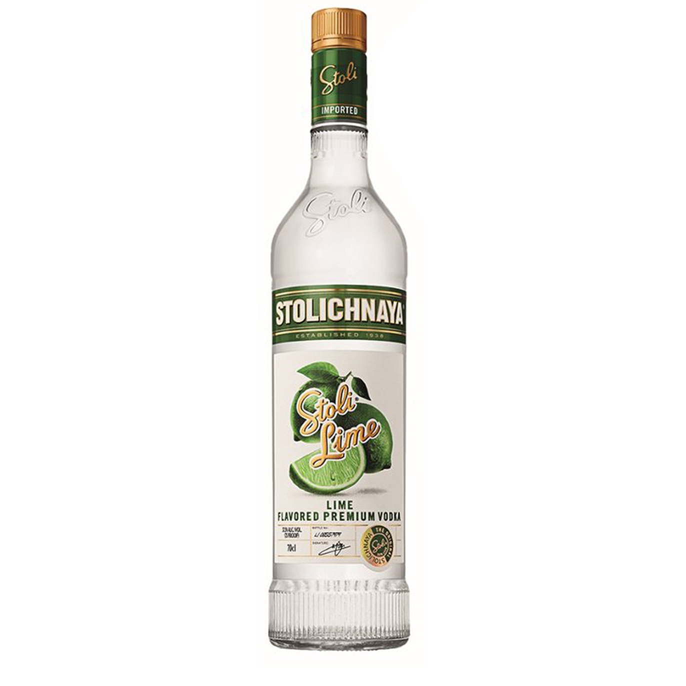 Clear glass bottle of Stolichnaya Lime Vodka, 70 Cl, featuring a green label with lime graphics and a gold cap, showcasing a premium lime-flavored vodka.