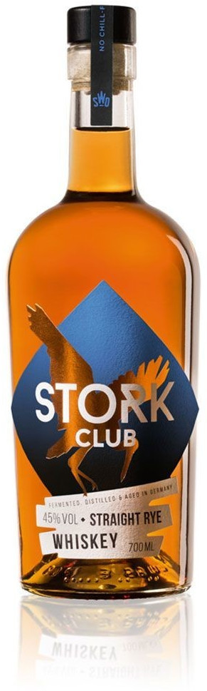 Amber-colored bottle of Stork Club Straight Rye Whiskey, featuring a blue diamond label with a stork silhouette, 45% ABV, 700ml capacity, and a sleek glass design.
