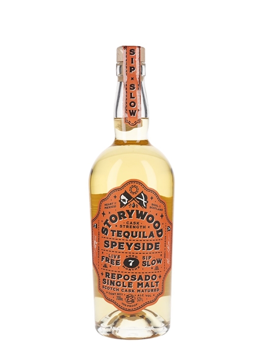 Clear glass bottle of Storywood Reposado Tequila, 70 Cl, featuring a golden liquid, ornate orange label, and a cork stopper with "SIP SLOW" embossed on it.