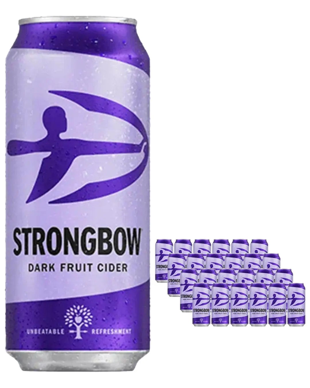 Strongbow Dark Fruits Cider multipack featuring 24 purple cans, each 568 ml, with a logo of a bow and arrow and the text "UNBEATABLE REFRESHMENT" at the bottom.