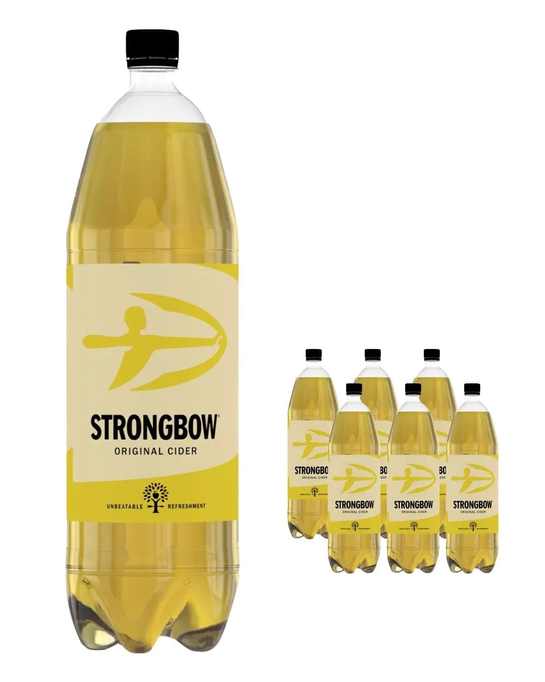 Six 2-liter plastic bottles of Strongbow Original Cider, featuring a yellow label with a logo of a bowman and the text "STRONGBOW ORIGINAL CIDER" prominently displayed.