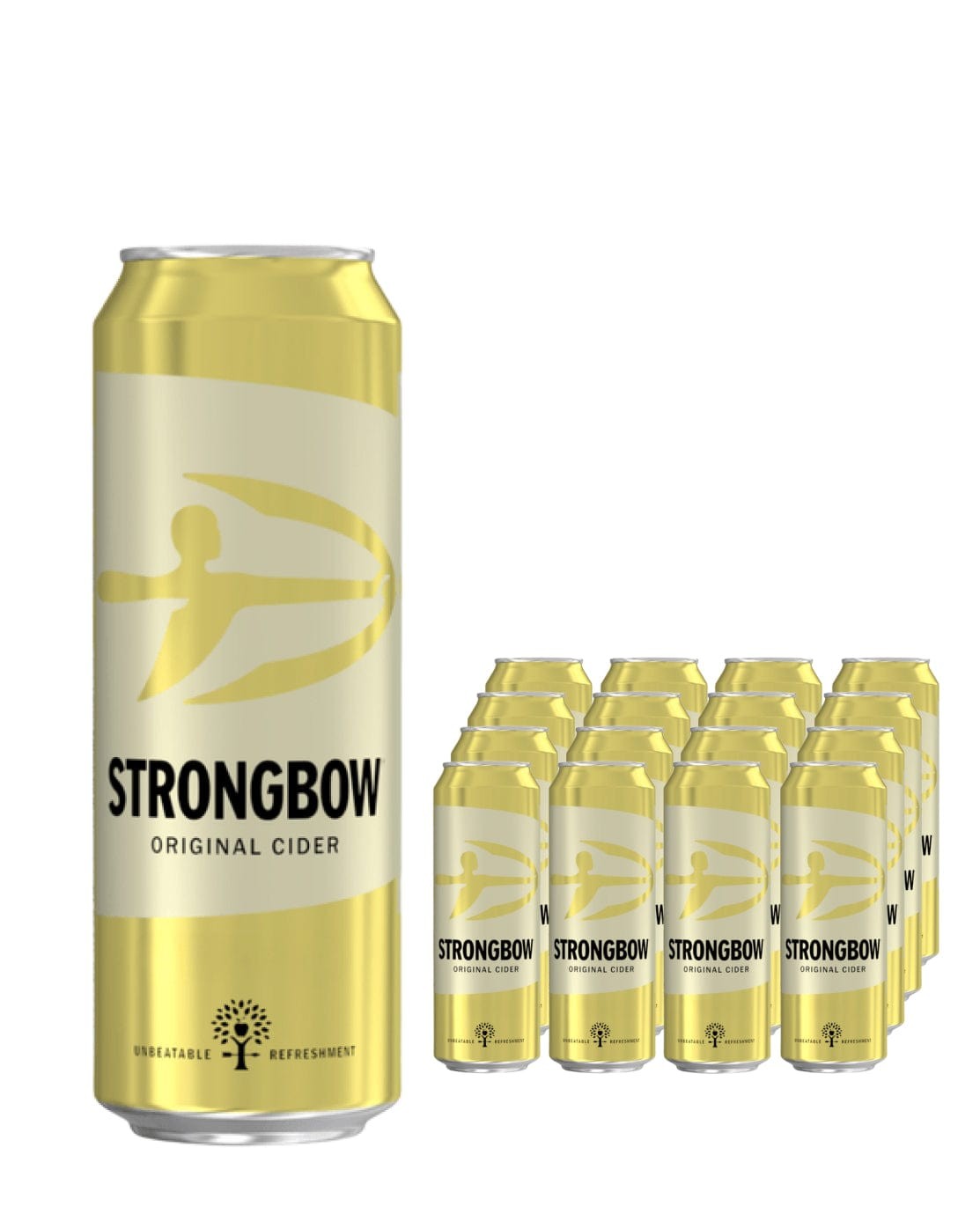 Strongbow Original Cider pint cans in a 24-pack, featuring a bright yellow design with a logo and text, each can holds 568 ml of cider.