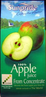 Sunpride Apple Juice multipack features 12 one-liter cartons with a green design, showcasing a sliced green apple and text highlighting "100% Apple Juice From Concentrate."