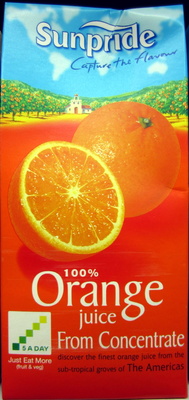 Sunpride Orange Juice multipack featuring 12 cartons, each 1 liter, with vibrant orange packaging, a sliced orange graphic, and text highlighting 100% juice from concentrate.