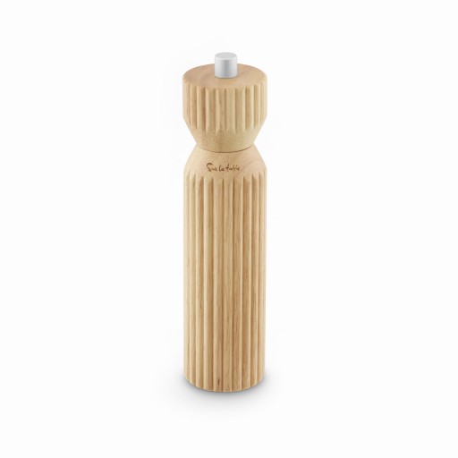 Light wooden salt and pepper mill with a ribbed design, featuring a white top knob and engraved "Sur La Table" logo.