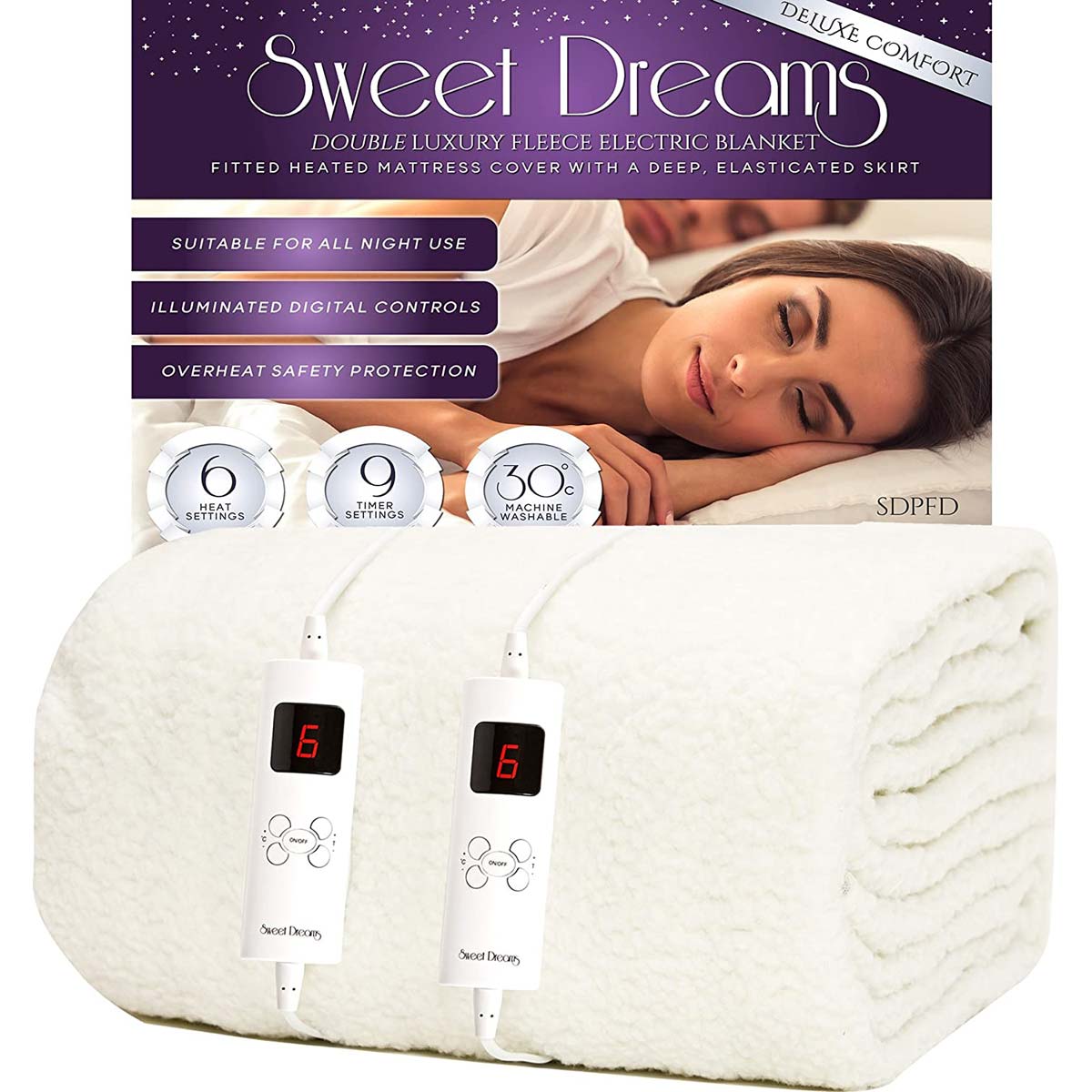 White fleece electric blanket with dual digital controls, featuring illuminated settings, a deep elasticated skirt, and safety features for comfortable warmth.