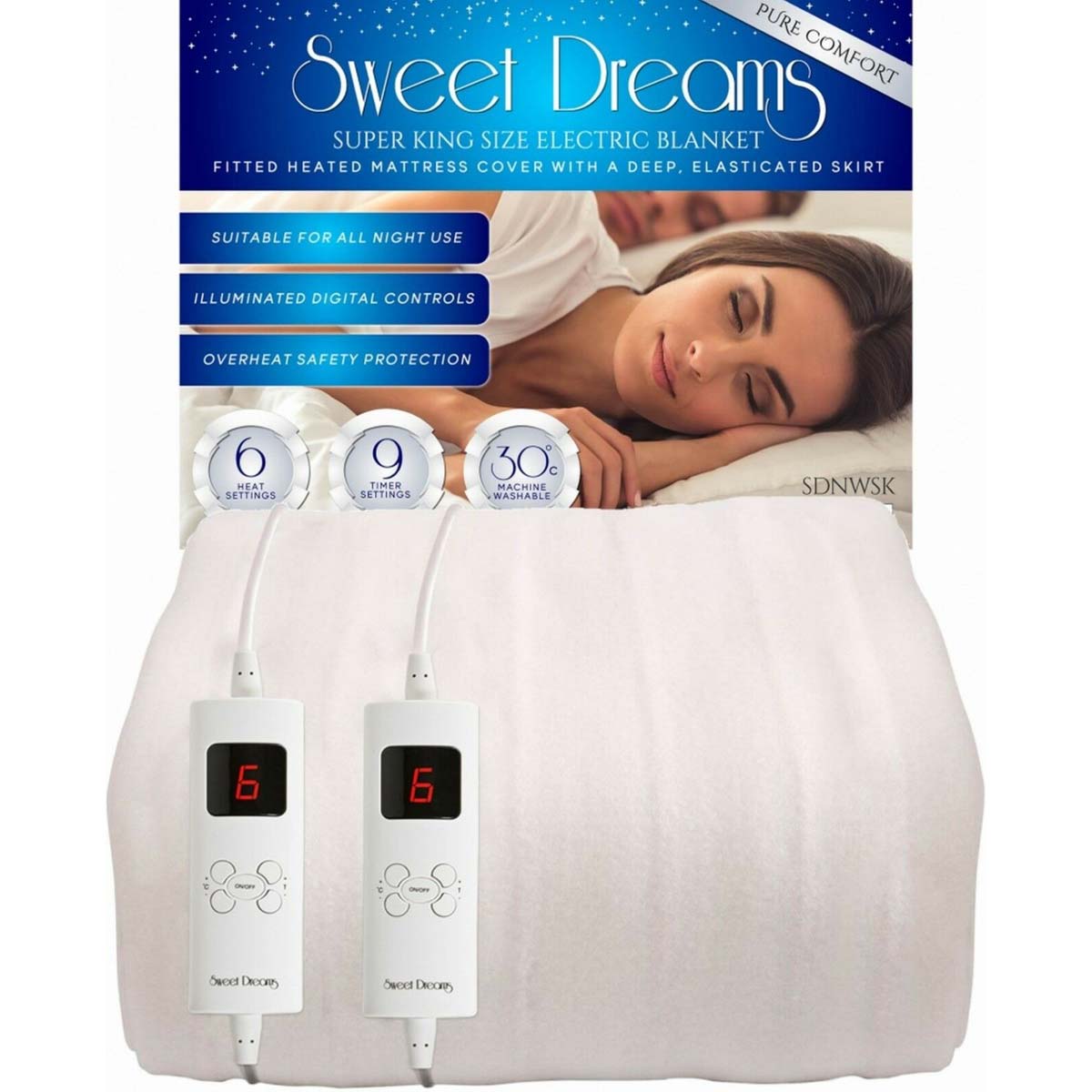 Super king size white electric blanket with dual controls, featuring illuminated digital settings, a deep elasticated skirt, and safety protection icons.