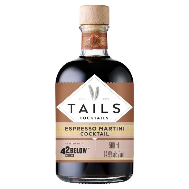 Tails Cocktail Espresso Martini in a 500ml glass bottle with a cork stopper, featuring a brown label with gold accents and a logo, showcasing a rich, dark liquid.