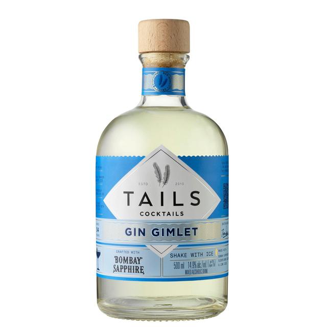 Clear glass bottle with a wooden cork, featuring a blue and white label that reads "Tails Cocktail Gin Gimlet" with a diamond shape and established date of 2013.