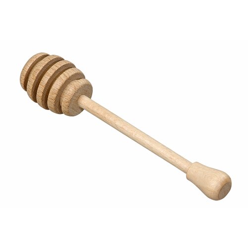 Wooden honey dipper with a smooth, light-colored handle and a rounded end, featuring a ribbed, honey-holding head with alternating grooves for easy drizzling.