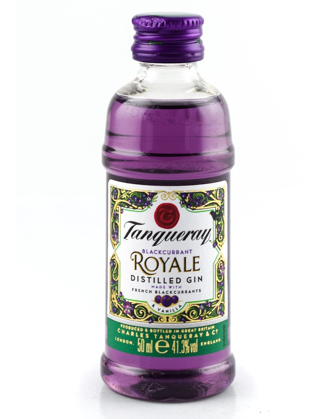 Tanqueray Blackcurrant Royale Gin miniature bottle, 5 cl, featuring a purple liquid, ornate label with gold accents, and a purple cap.