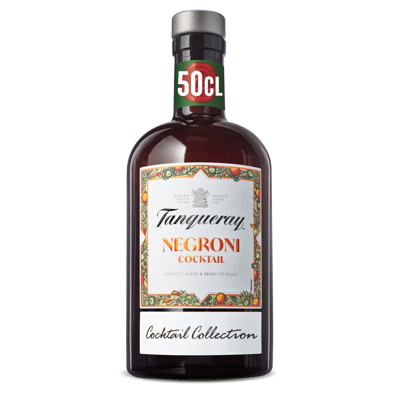 A dark amber bottle of Tanqueray Negroni Cocktail, 50 Cl, featuring a decorative label with vibrant colors and floral motifs, topped with a black cap and a green band.