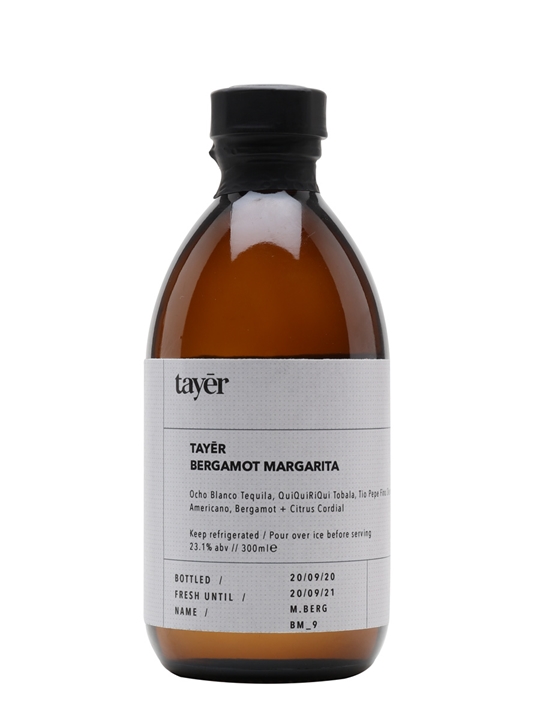 Amber glass bottle with a black cap, labeled "Tayer Bergamot Margarita," featuring white text detailing ingredients and storage instructions.