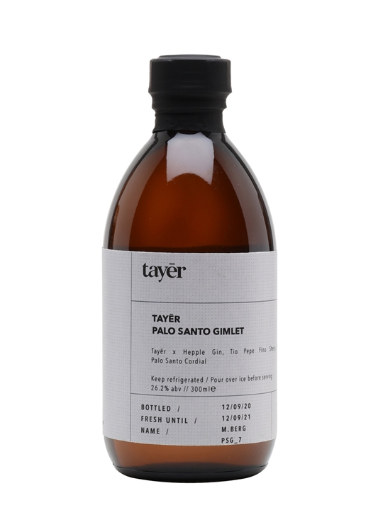 Brown glass bottle with a black cap, labeled "Tayer Palo Santo Gimlet Cocktail," featuring a white and black design, indicating a 30 Cl volume and 26.2% ABV.