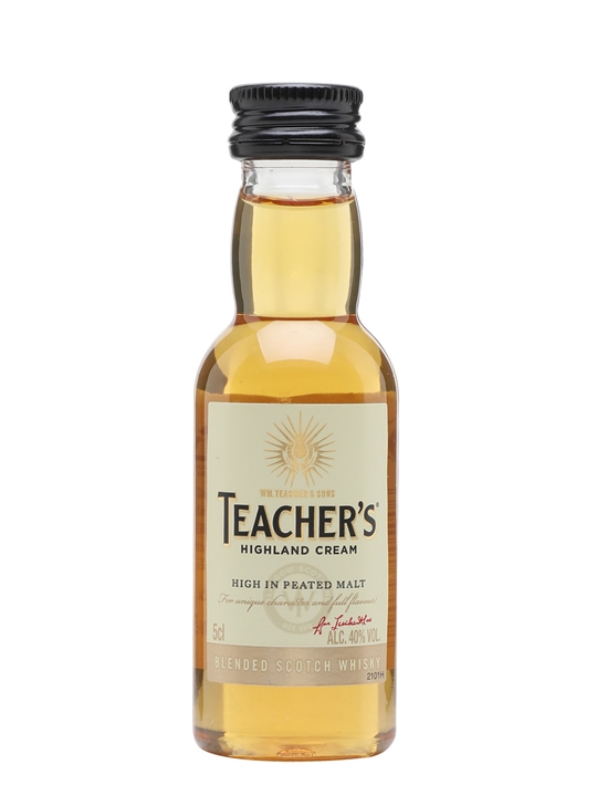 Small glass bottle of Teacher's Whisky Miniature, 5 cl, featuring a light amber liquid, black screw cap, and a cream label with gold text and sunburst design.