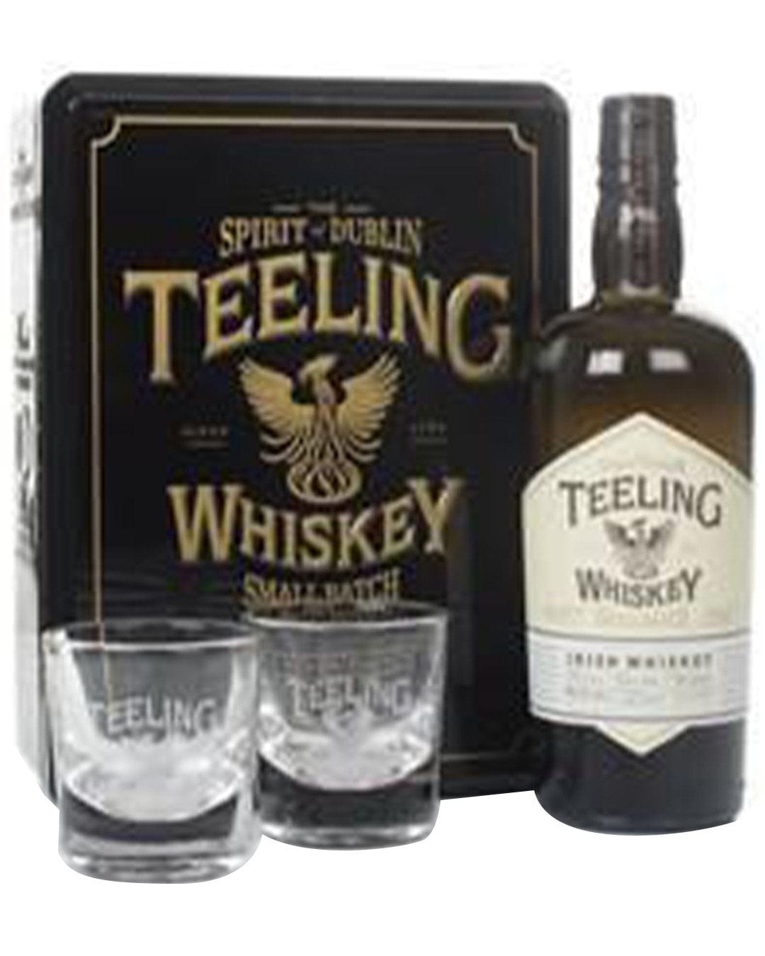 Teeling Small Batch Whiskey Gift Set featuring a dark metal tin, a 70 Cl bottle of whiskey, and two clear glass tumblers, all branded with the Teeling logo.