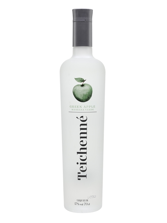 Clear glass bottle with a sleek design, featuring a green apple illustration and the text "Teichenne Green Apple" on a white label, topped with a black cap.