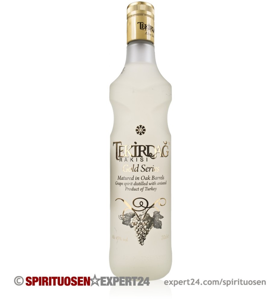 Clear glass bottle of Tekirdag Gold Series Aged Raki, featuring a gold and white label, with a corked top and a frosted appearance, showcasing its Turkish origin and oak barrel maturation.