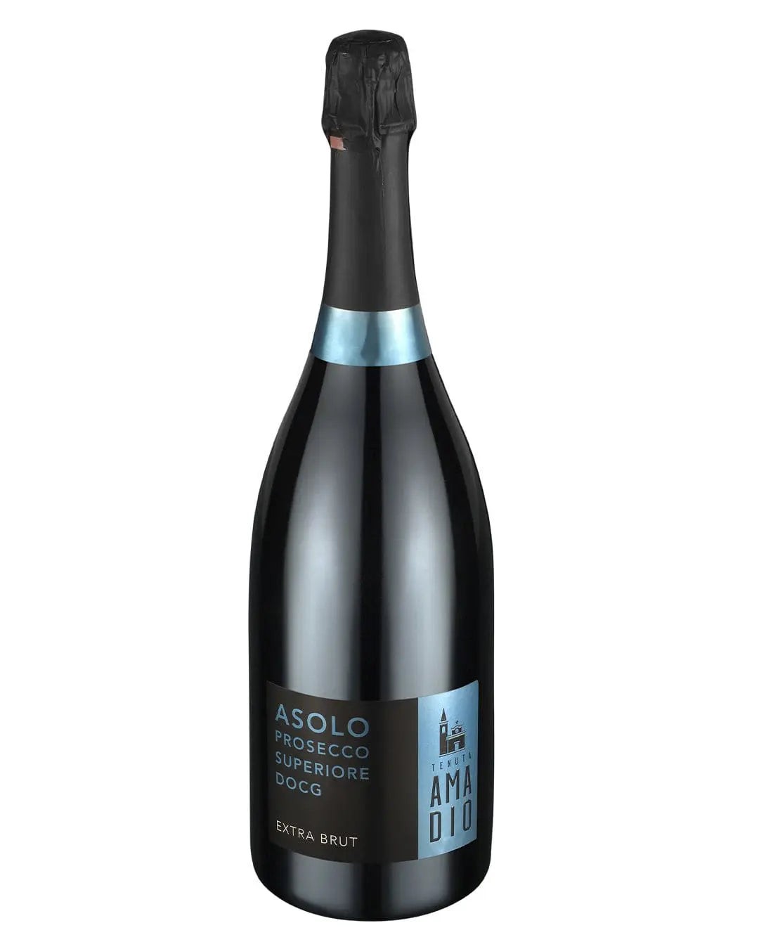 Black bottle of Tenuta Amadio Asolo Prosecco Superiore DOCG Extra Brut, featuring a light blue label with text and a black cork top.