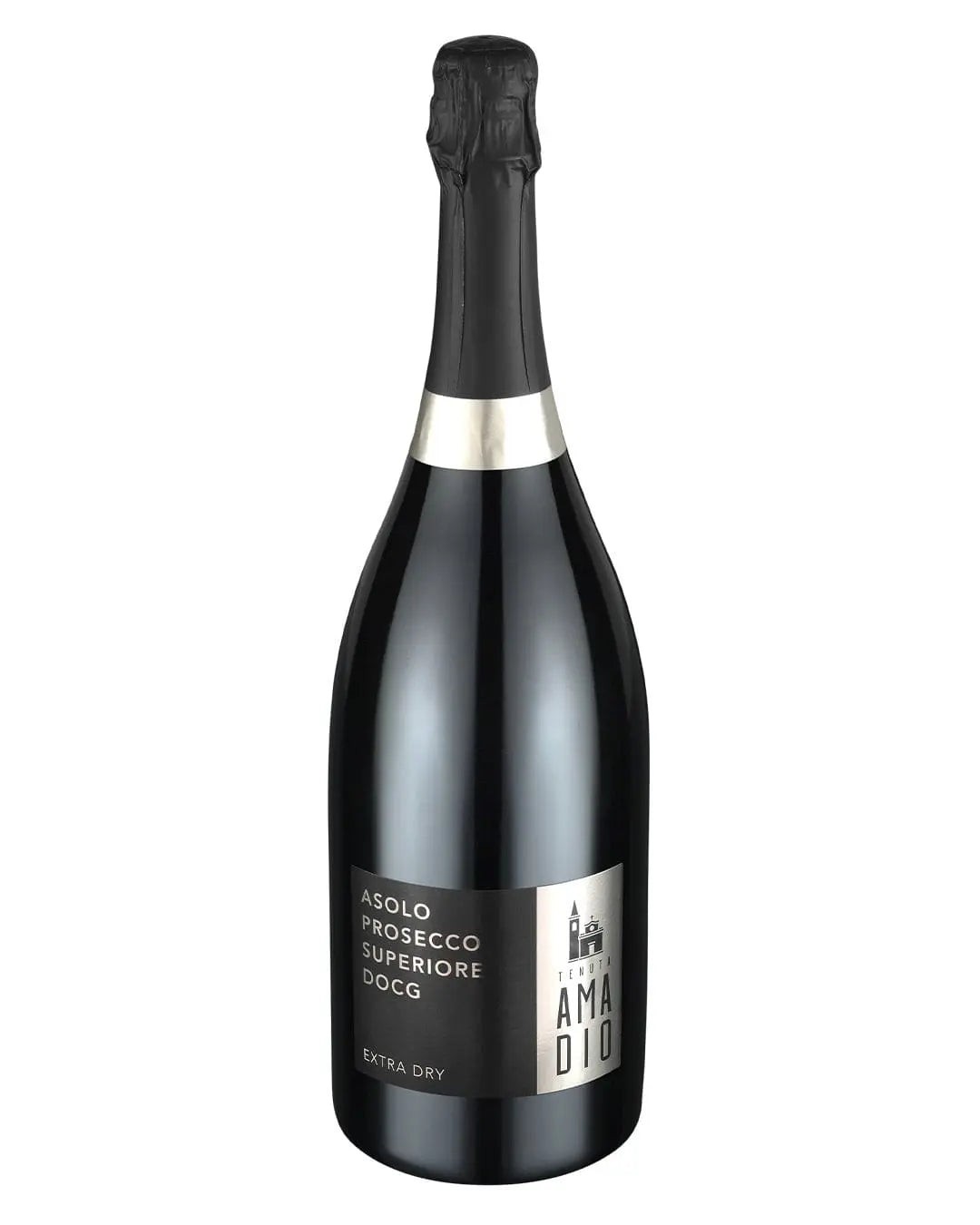 Black glass bottle of Tenuta Amadio Asolo Prosecco Superiore DOCG Extra Dry, featuring a silver neck and label with black text, 75 cl size.
