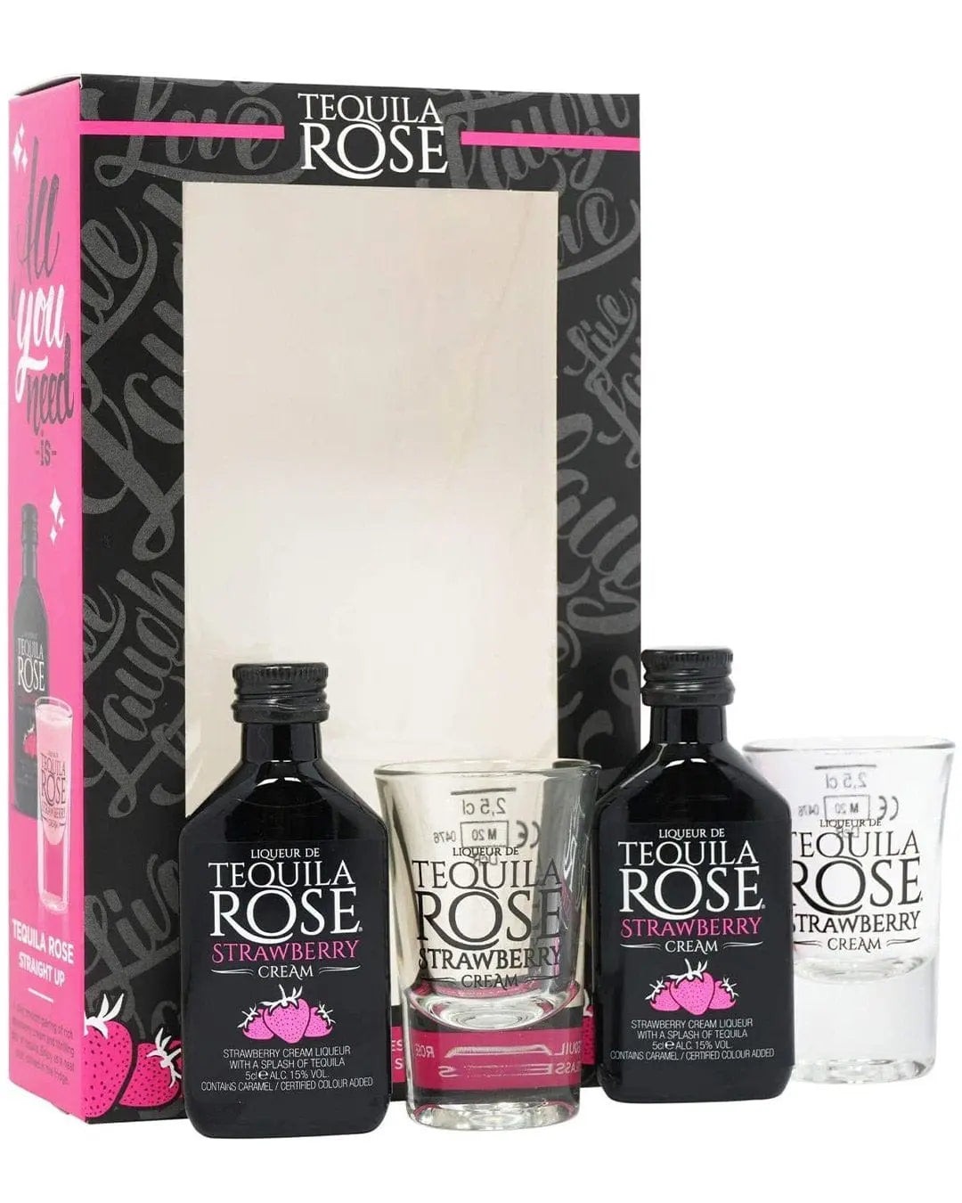 Tequila Rose Strawberry Cream Liqueur set featuring two 5 cl bottles and a shot glass, all in a pink and black box adorned with strawberry graphics.