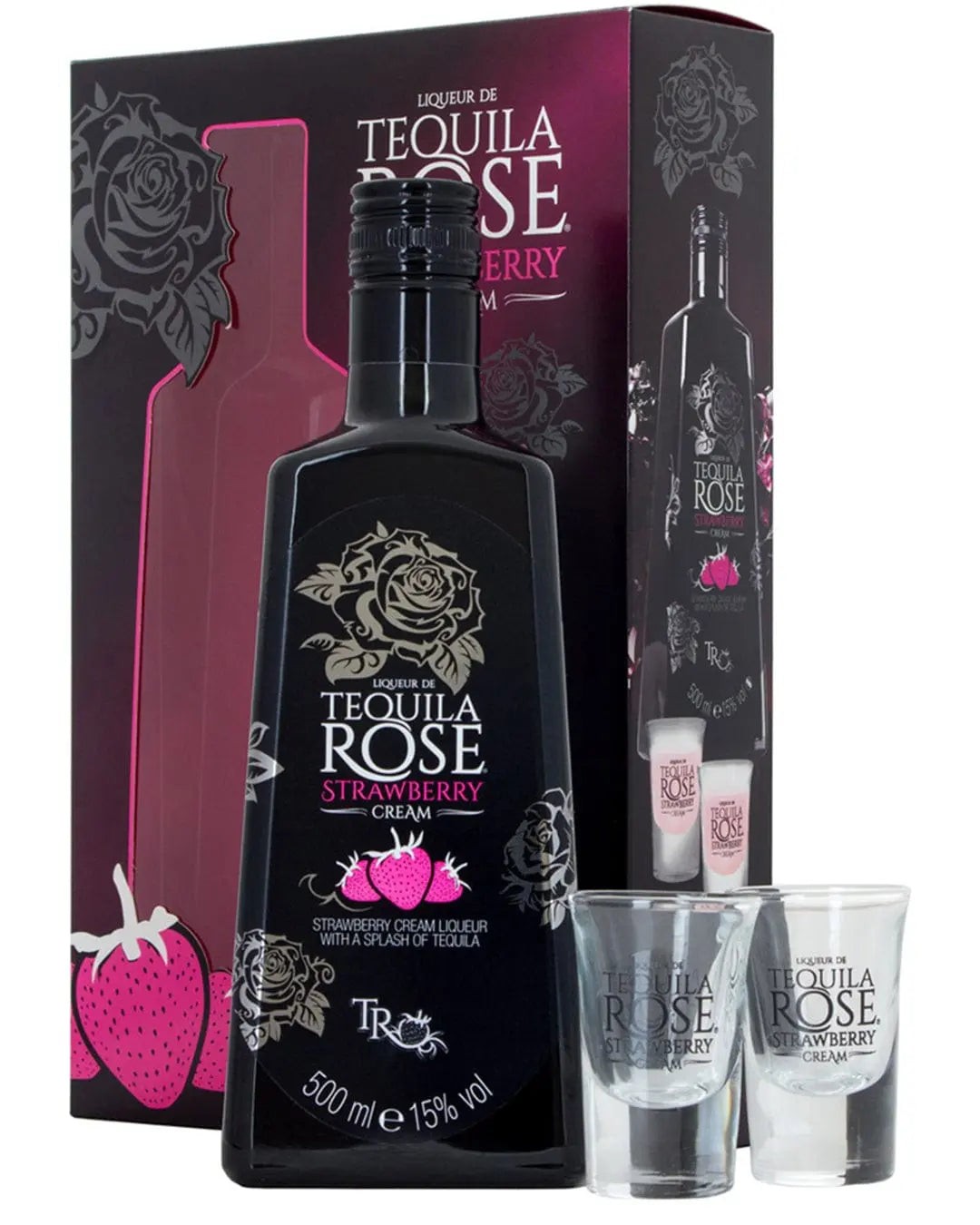 Tequila Rose Strawberry Cream Liqueur in a sleek black bottle with pink accents, accompanied by two clear shot glasses, all presented in a stylish box featuring strawberry graphics.