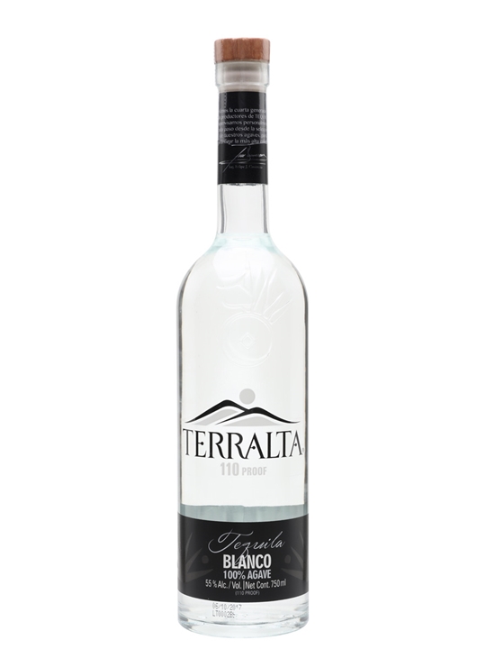Clear glass bottle of Terralta Blanco 110 Proof Tequila, featuring a wooden cork, embossed logo, and a label with black and white text, holding 75 cl of 100% agave spirit.