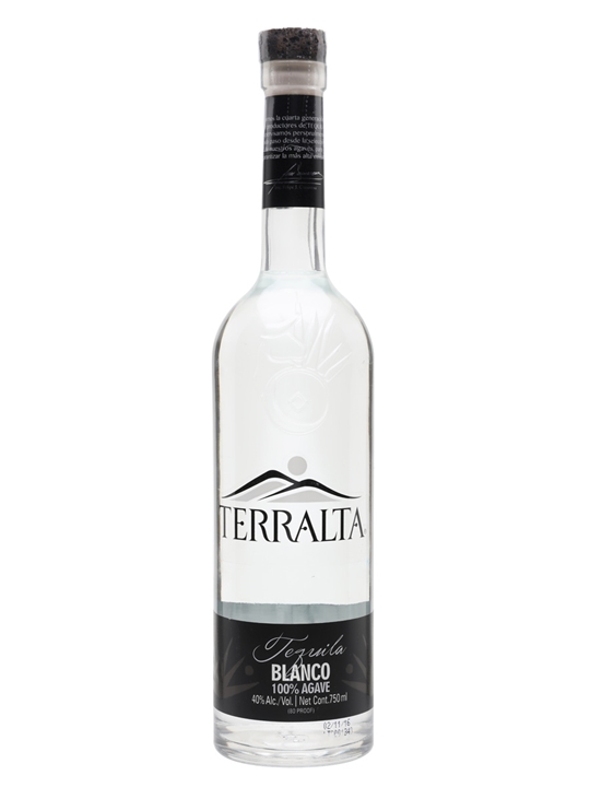 Clear glass bottle of Terralta Blanco Tequila, featuring a black label with white text, a cork stopper, and a mountain logo, holding 75 cl of 100% agave tequila.