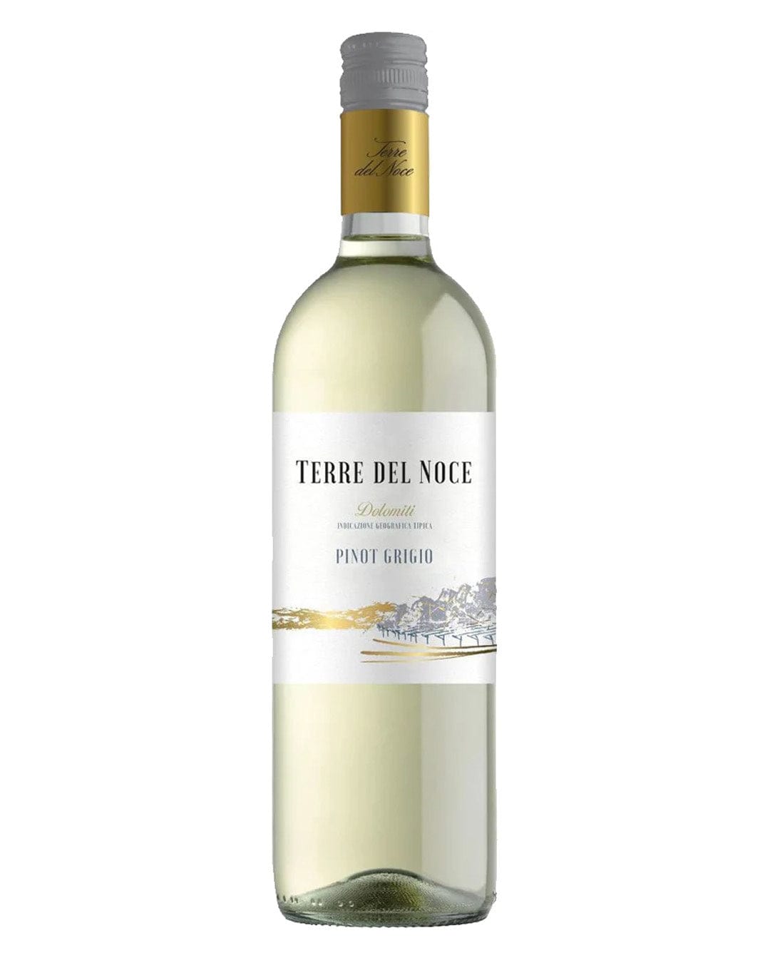 Clear glass bottle of Terre Del Noce Pinot Grigio, 75 cl, featuring a white label with elegant black text and a subtle illustration of a landscape in gold and blue tones.
