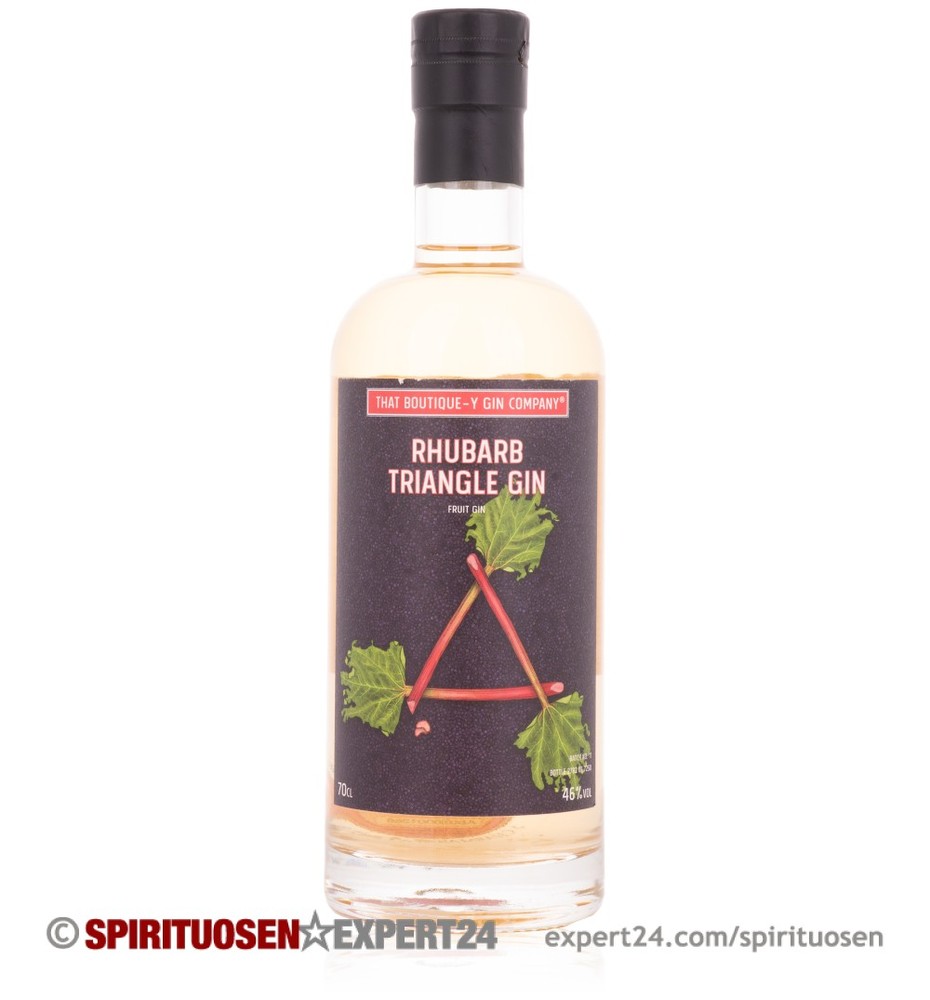 Clear glass bottle containing Rhubarb Triangle Gin, featuring a black label with red and green accents, and a triangular design made of rhubarb stalks, 70 cl volume.