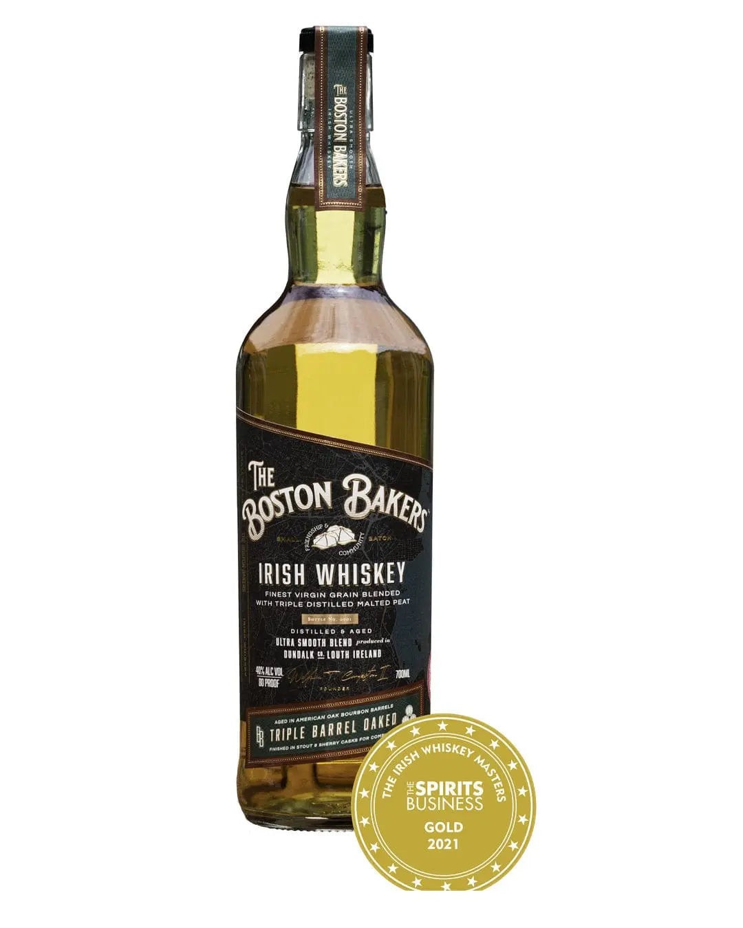 A tall glass bottle of The Boston Bakers Blended Irish Whiskey, featuring a dark label with gold accents, a cork stopper, and a gold award seal at the base, all against a white background.