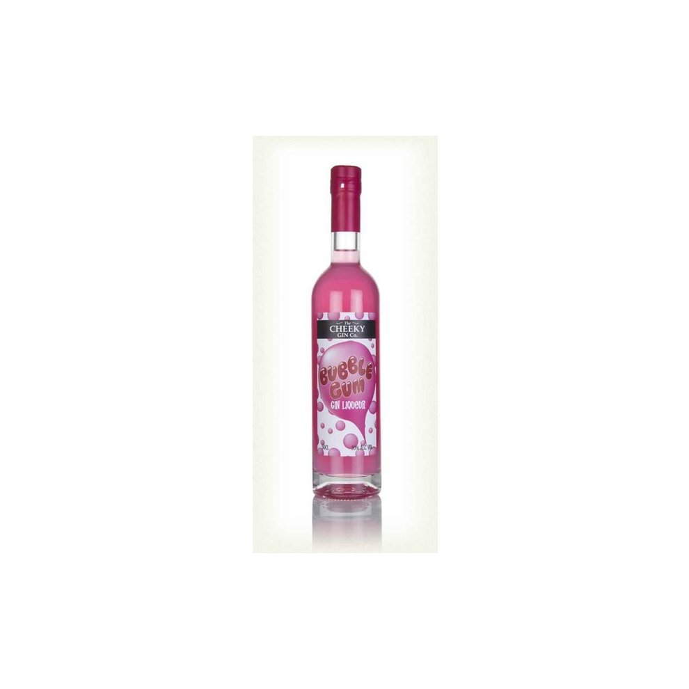 Pink glass bottle of The Cheeky Gin Co. Bubblegum Gin Liqueur, featuring a playful label with bubblegum graphics and a pink cap, holding 50 cl of liqueur.