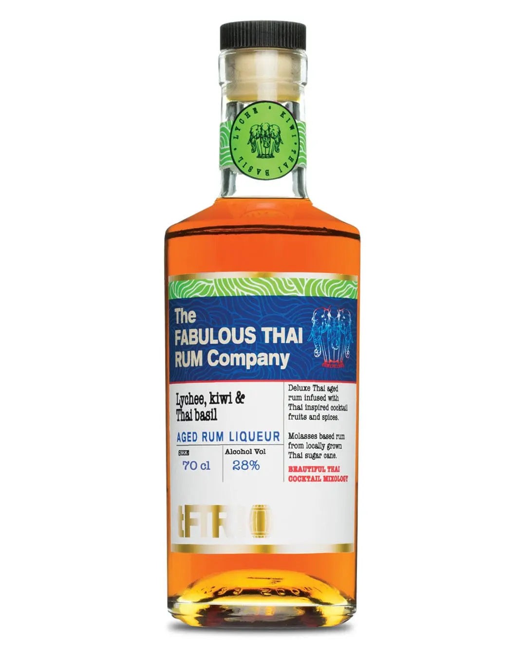 Amber-colored glass bottle with a cork stopper, featuring a vibrant label in blue and green, detailing "Lychee, Kiwi & Thai Basil Rum Liqueur" with 28% alcohol by volume.
