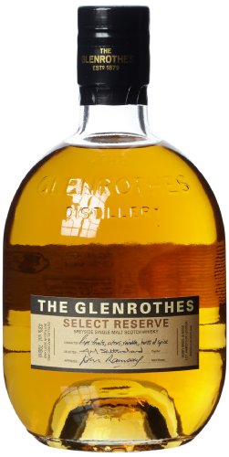 A round, amber bottle of The Glenrothes Select Reserve Whisky, featuring a black and gold label with the brand name and details prominently displayed.