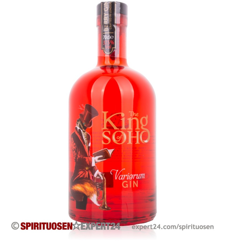 Bright red glass bottle of "The King of Soho Variorum Berry Gin," featuring a stylish label with gold lettering and an illustration of a man in a top hat and coat.
