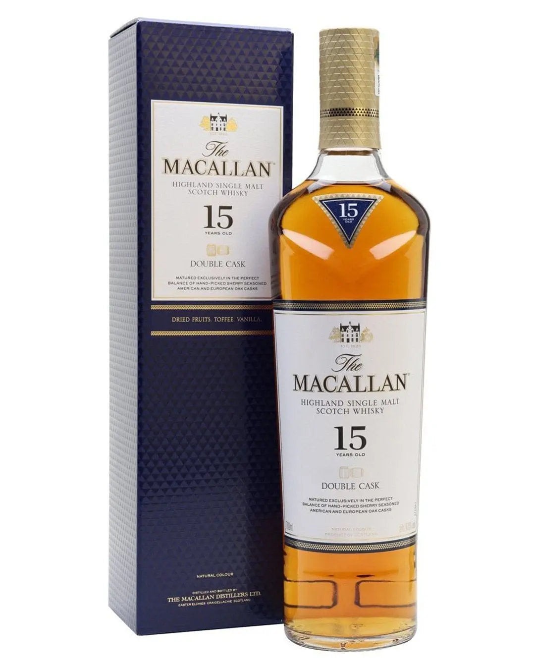 Amber-colored bottle of The Macallan 15 Year Old Double Cask Whisky, 70 Cl, with a sleek design and gold cap, displayed alongside its elegant black box featuring white and gold text.