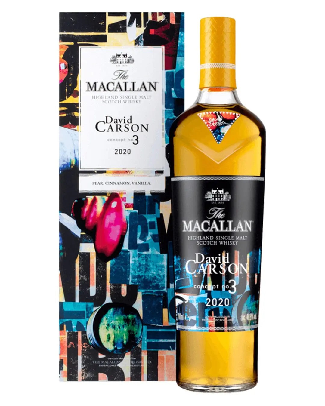 The Macallan Concept No. 3 Whisky features a sleek glass bottle with a vibrant label, showcasing artistic designs in blue and red, and comes in a colorful box with abstract patterns.