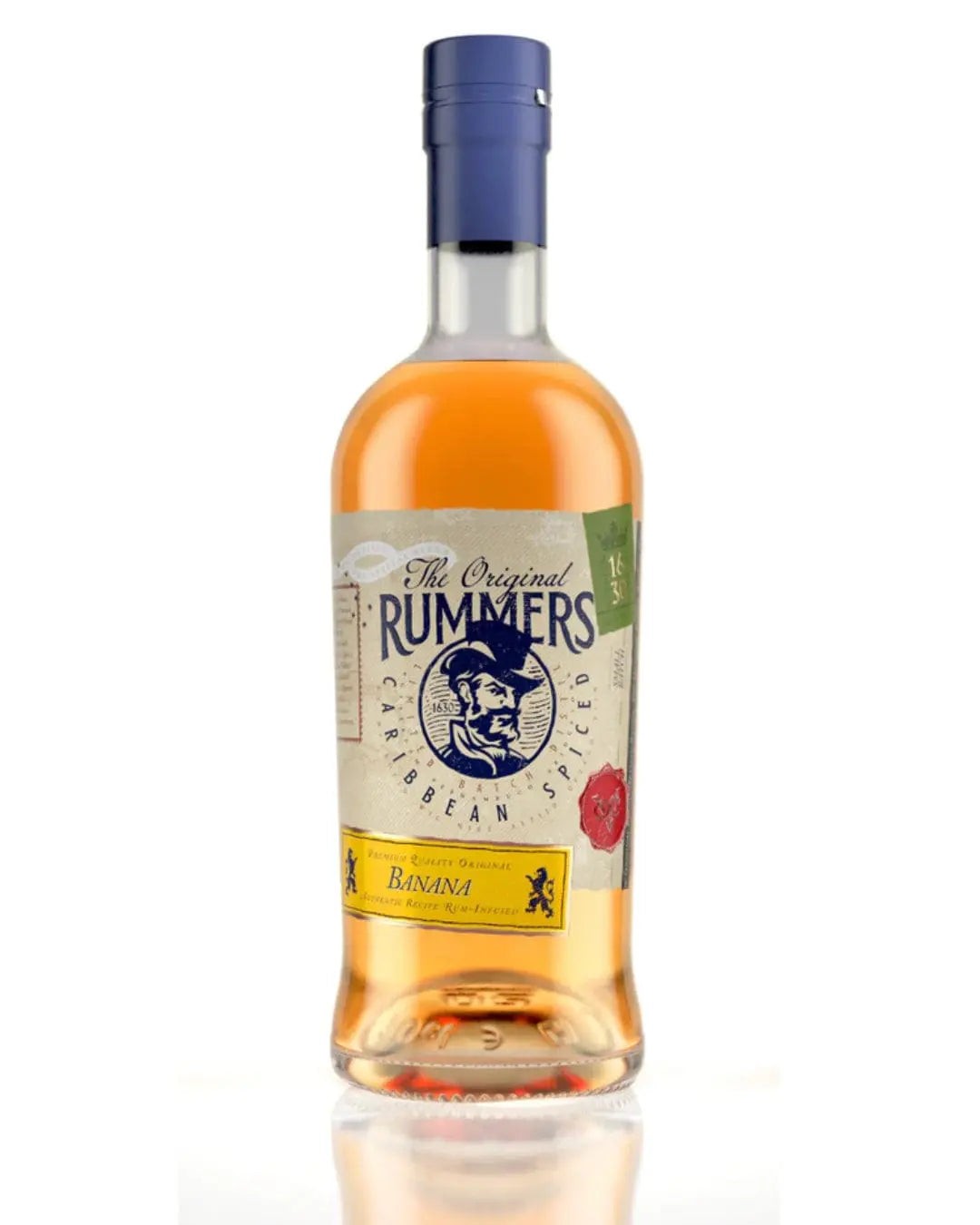 Clear glass bottle of The Original Rummers Banana Rum, featuring a blue cap, a beige label with a vintage sailor graphic, and a light amber liquid inside.